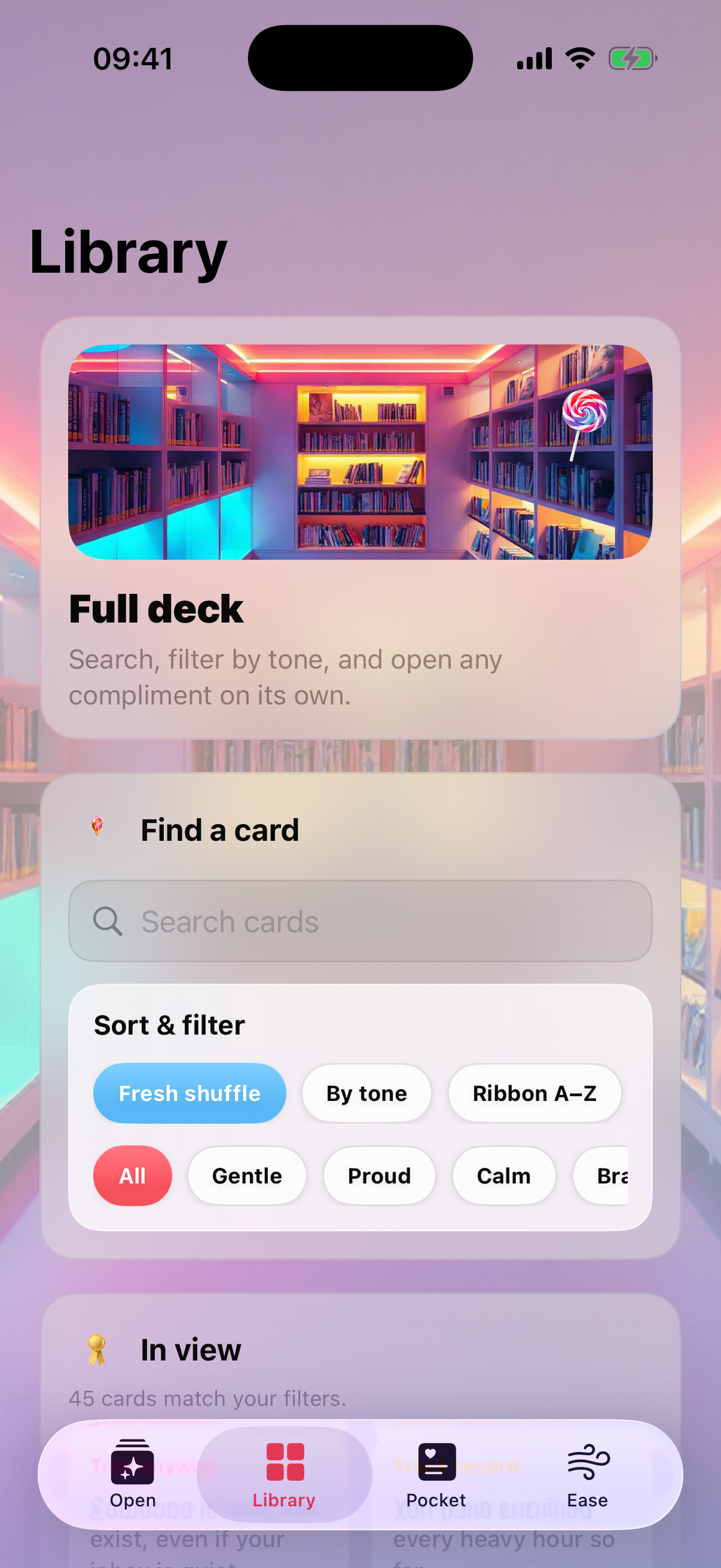 Library grid of compliment cards